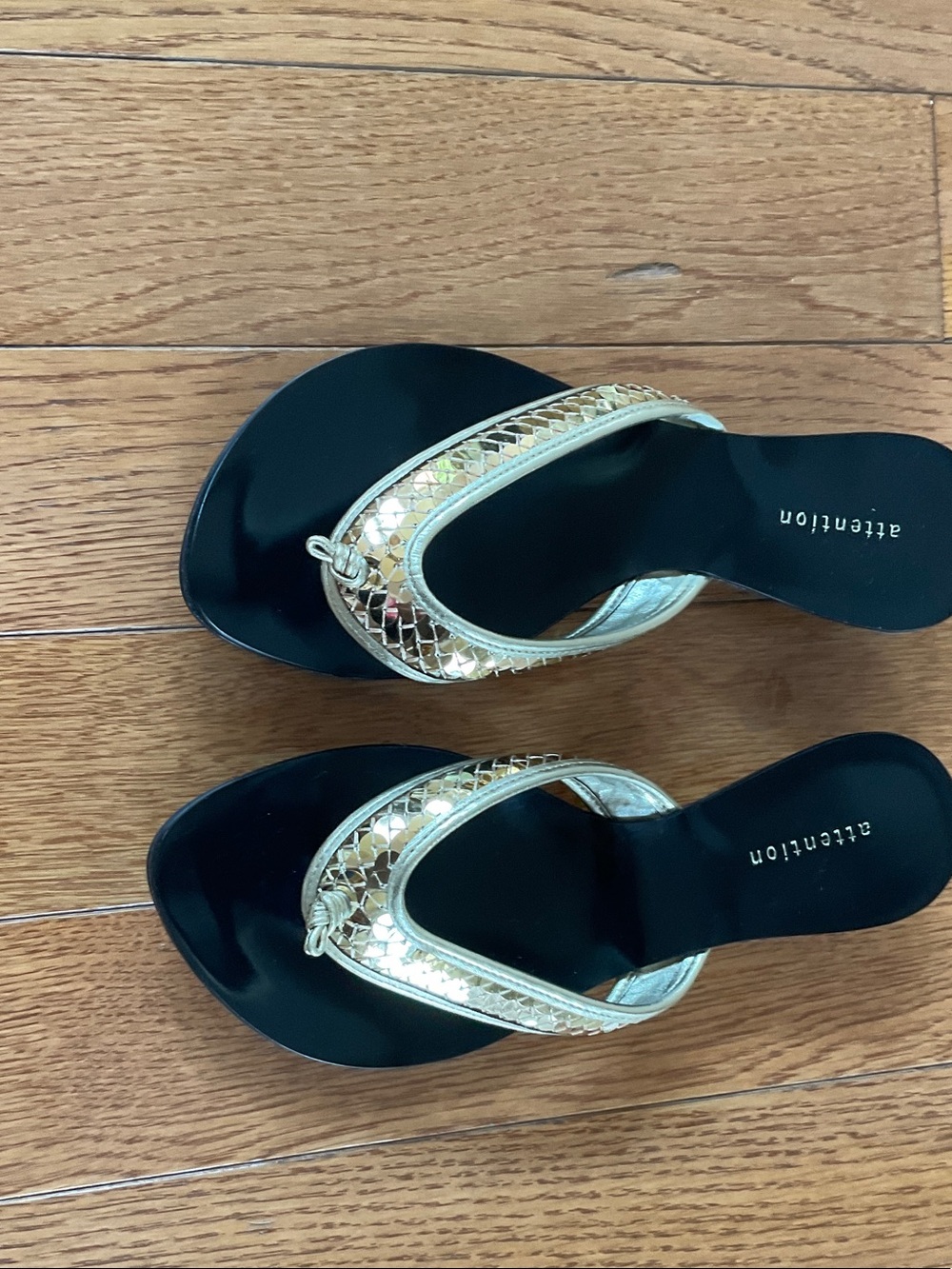 Attention,  Black Thong Sandals with Gold Braided Trim NWOT Sz 6